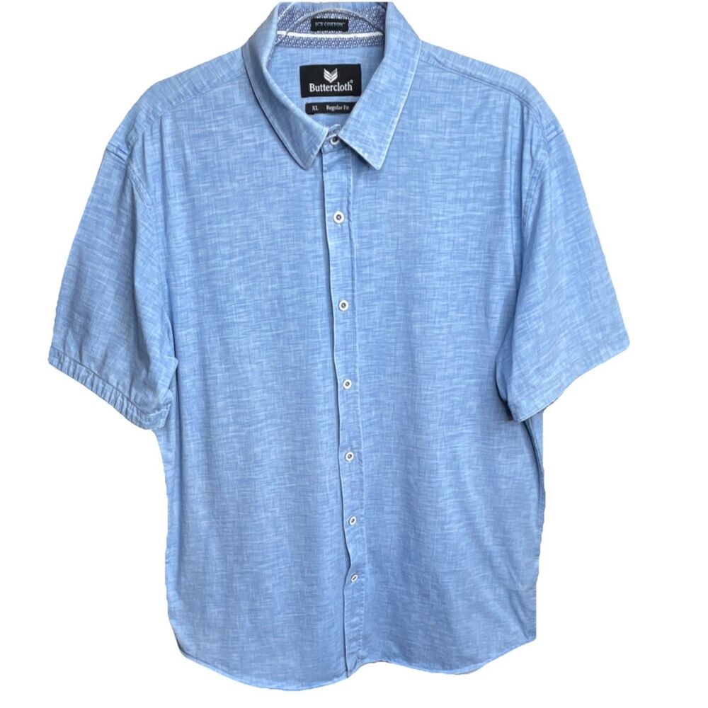 Buttercloth Icy Cotton Blue Knit ButtonUp Shirt Men XL Regular Fit Short Sleeve